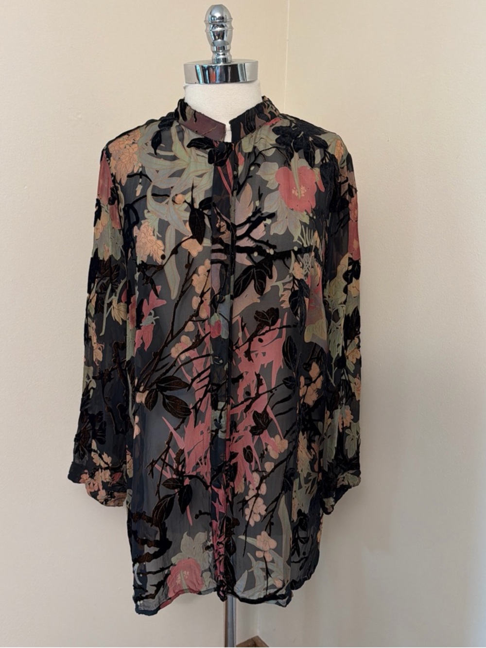 Citron Sheer Silk Blend Burnout Velvet Black & Earth Tones Floral Blouse 0X